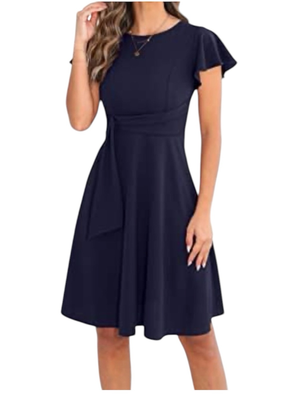 OWIN Women’s Elegant Navy Ruffle Short Sleeve Stretch Fit-and-Flare Dress Size S